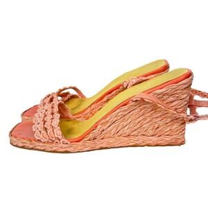 Stuart Weitzman Espadrille Wedge Strappy Floral Orange Sandals Size